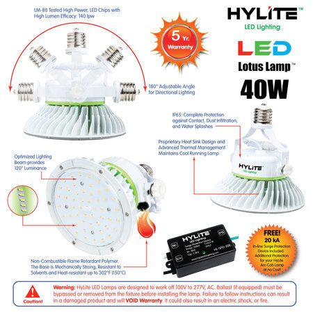 Hylite LED Lotus Repl for 200W HID, 40W, 5600 L, 5000K, E39, DIM. Spot HL-LS-40WD-E39-50K